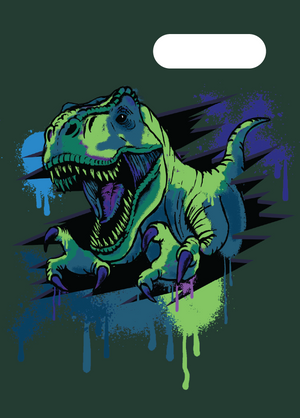 Spencil Raptor Rampage A4 Book Cover Pack of 6: front artwork, roaring green T-rex with paint drips on dark green, with white name and subject label cut-out