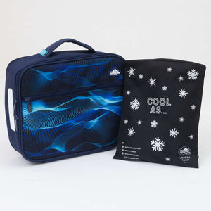 Spencil Sonic Riptide Big Cooler Lunch Bag photographed beside the Big Chill Pack in its black snowflake cover, showing the navy bag with glowing electric blue sound-wave lines across the front