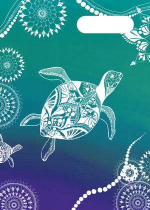 Spencil Turtle of Life 1 A4 Book Cover Pack of 6: front artwork, large white-patterned sea turtle on teal to purple gradient, with white name and subject label cut-out