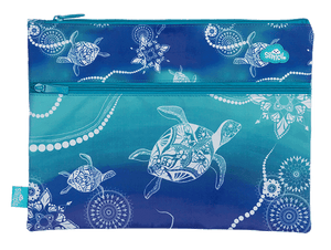 Front of the Spencil Turtle of Life A4 twin zip pencil case showing white line-drawn sea turtles, mandala flowers and dotted strands on an ocean blue and teal background