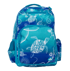 Spencil Turtle of Life Big Kids Backpack, front, white sea turtles on an aqua to blue gradient