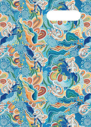 Spencil Wani-Wani Watina A4 Book Cover Pack of 6: front artwork, flowing multicoloured artwork in blue, aqua, orange and cream with dotted circles, with white name and subject label cut-out