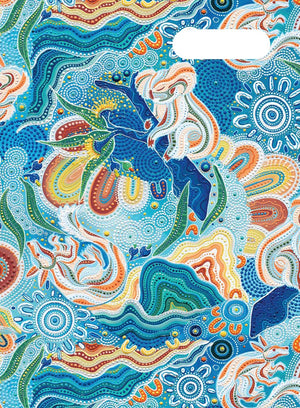 Spencil Wani-Wani Watina Scrapbook Cover Pack of 6: front artwork, detailed artwork in blue, aqua, orange and cream with dotted rings, with white name and subject label cut-out