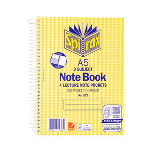Current Spirax 572 A5 3 subject note book cover in yellow, printed 4 lecture note pockets and 300 pages 7mm ruled, with a spiral binding down the left side
