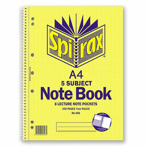 Spirax 596 A4 5 subject note book in the yellow patterned cover, printed 8 lecture note pockets, 250 pages 7mm ruled, with a spiral binding and punched holes