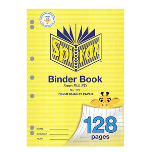 Spirax 127 A4 binder book, current yellow houndstooth cover with a giraffe, 8mm ruled, 70gsm quality paper and a blue 128 pages corner