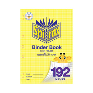 Spirax No. 128 A4 binder book with a yellow check cover printed 8mm ruled, 70gsm quality paper and 192 pages, with Name, Subject and Year lines and hole marks down the left edge