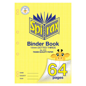Spirax 973 A4 binder book, yellow cover printed 14mm dotted thirds and 70gsm quality paper, a giraffe on the 64 pages curl and holes down the left edge