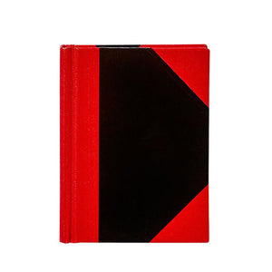 Spirax black and red casebound notebook, closed, with a black front cover, red cloth textured spine and red triangular corners