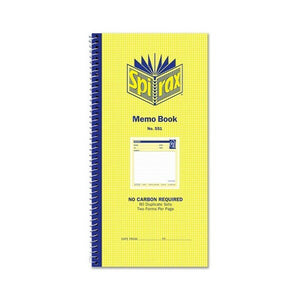 Spirax 551 carbonless Memo Book, tall yellow cover with blue spiral, sample memo form and the words 80 duplicate sets, two forms per page