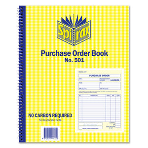 Spirax Purchase Order Book No. 501 with blue spiral binding, a sample numbered purchase order form and No Carbon Required 50 Duplicate Sets on the yellow cover