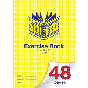 Spirax 100 A4 exercise book in the yellow houndstooth cover marked 8mm ruled, with 48 pages in red on a turned page corner and name, subject and year lines