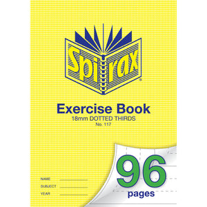 Spirax 117 A4 exercise book in the yellow houndstooth cover printed 18mm dotted thirds, with dashed guide lines on the page curl and 96 pages in green