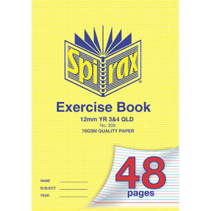 Spirax 205 A4 exercise book with a yellow houndstooth cover printed 12mm YR 3&4 QLD, 70gsm quality paper and 48 pages on the turned corner
