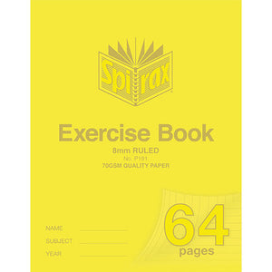 Spirax P191 exercise book with a pale yellow polypropylene cover printed 8mm ruled and 70gsm quality paper, 64 pages on the turned corner