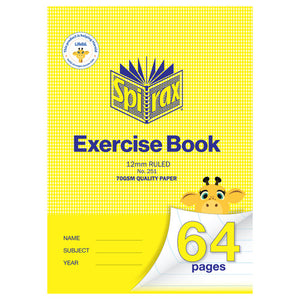 Spirax 251 exercise book in a yellow patterned cover printed 12mm ruled and 70gsm quality paper, with a cartoon giraffe and a yellow 64 pages page curl