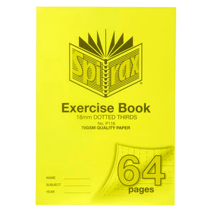 Spirax P116 A4 exercise book with a bright yellow cover printed 18mm dotted thirds and 70gsm quality paper, 64 pages on the turned corner