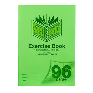 Spirax P117 A4 exercise book with a green cover, 18mm dotted thirds and 96 pages printed on the page curl, with Name, Subject and Year lines