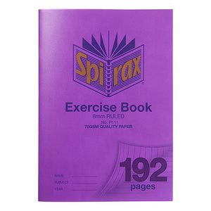 Spirax P111 A4 exercise book with a purple cover printed 8mm ruled and 70gsm quality paper, 192 pages on the turned corner