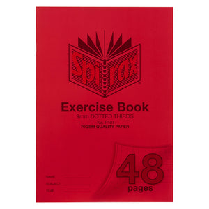 Spirax P101 A4 exercise book with a red cover printed 9mm dotted thirds and 70gsm quality paper, 48 pages shown on the turned corner