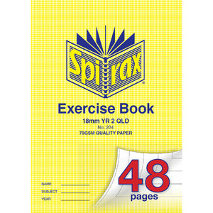 Spirax 204 A4 exercise book with a yellow houndstooth cover printed 18mm YR 2 QLD, 70gsm quality paper and 48 pages