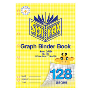 Spirax 135 A4 graph binder book cover in yellow houndstooth, marked 5mm grid, No. 135 and 128 pages, with seven hole positions outlined in red down the left edge
