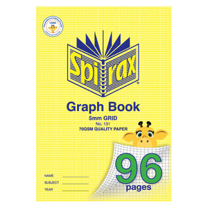 Spirax 131 A4 graph book cover in yellow marked 5mm grid and 70gsm quality paper, with a giraffe over a green 96 pages grid corner