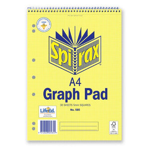 Spirax 585 A4 graph pad in a yellow cover printed 30 sheets 5mm squares and perforated, with a top wire spiral and seven holes on the left edge