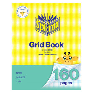 Spirax 263 grid book cover in yellow houndstooth with a teal lower band, marked 5mm grid, No. 263 and 160 pages beside a cartoon giraffe