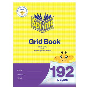 Spirax 267 A4 grid book cover in yellow houndstooth with a purple lower band, marked 5mm grid, No. 267 and 192 pages beside a cartoon giraffe