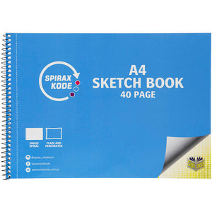 Spirax Kode A4 sketch book with a light blue cover, spiral binding down the left edge, the Spirax Kode logo and A4 Sketch Book 40 Page in white