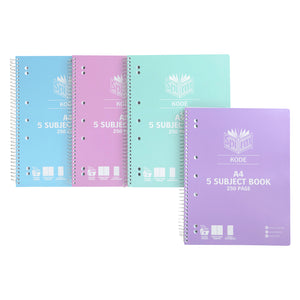 Four Spirax Kode metallic A4 5 subject books fanned out in light blue, pink, mint green and purple covers, each with a single wire binding