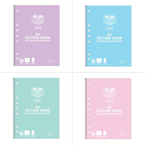 Four Spirax Kode A4 lecture books with pocket in lilac, blue, mint and pink covers, each showing 140 page with pocket and cover icons