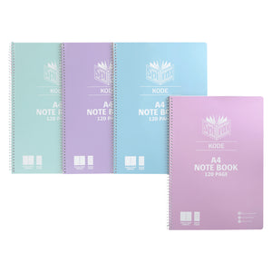 Four Spirax Kode A4 metallic notebooks in mint, lilac, blue and pink layered together, each cover reading A4 Note Book 120 page