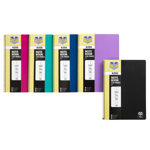 Five Spirax Kode A4 notebooks in magenta, teal, navy, purple and black, each with a yellow patterned Spirax panel reading Kode Note Book 120 Pages A4