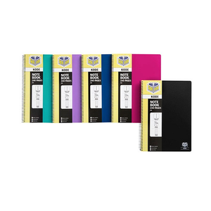 Five Spirax Kode A4 notebooks in teal, purple, blue, pink and black covers, each with a yellow check band reading Note Book 240 pages