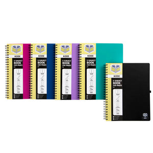 Five Spirax Kode P960 A4 5 subject books with a yellow Spirax panel and magenta, navy, purple, teal and black covers, marked 250 pages