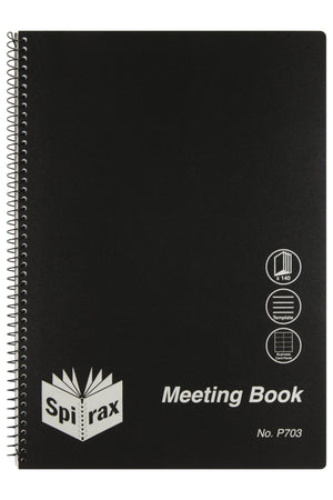 Spirax P703 A4 meeting book with a black polypropylene cover, twin wire binding on the left, three feature icons on the right and Meeting Book No. P703 printed lower right