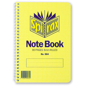 Spirax No. 564 notebook with a yellow check cover printed Note Book, 80 Pages 8mm Ruled, a white spiral down the left edge and a barcode at the lower left