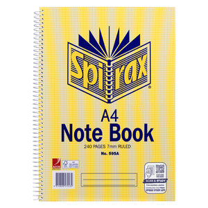Spirax No. 595A A4 Note Book front cover in yellow check, printed 240 pages 7mm ruled, with a white spiral down the left edge