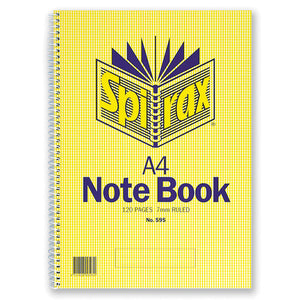 Spirax 595 A4 notebook with a yellow check cover, white spiral wire down the left edge, printed A4 Note Book, 120 pages 7mm ruled and No. 595