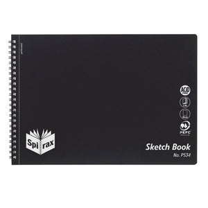 Spirax P534 A4 sketch book with a black polypropylene cover, black wire binding down the left edge and Sketch Book No. P534 printed in white