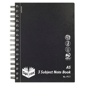 Spirax P572 A5 3 subject note book with a black polypropylene cover, black twin wire binding and a column of feature icons down the right side