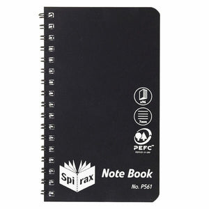 Black Spirax P561 notebook with twin wire binding down the left side, silver icons for 96 pages and 7mm ruling, and rounded right corners