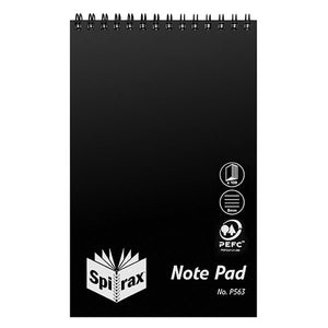 Black Spirax P563 reporters note pad with twin wire binding across the top and silver icons showing 100 pages and 8mm ruling