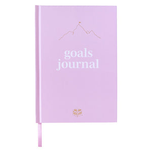Spirax Platinum goals journal in a blush A5 hardcover with a gold line drawn mountain and flag above the words goals journal