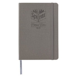 Spirax Platinum 431 A5 journal in Storm grey linen-look with a darker grey embossed logo, grey elastic strap and ribbon