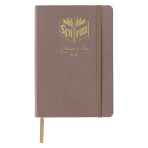 Front cover of the Spirax Platinum Edition No. 434 A5 premium journal in latte faux leather with a gold foil crest and matching elastic strap