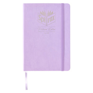Front of the Spirax Platinum Edition No. 433 A5 premium journal in lilac faux leather with a silver foil crest, lilac elastic band and ribbon