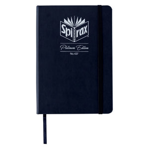 Front of the Spirax Platinum Edition No. 437 A5 dotted journal in jet black faux leather with a silver foil crest and black elastic